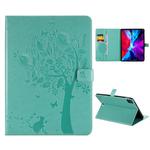 For iPad Pro 11 (2020) Pressed Printing Cat and Tree Pattern Horizontal Flip Leather Tablet Case with Holder & Card Slots & Wallet(Green)