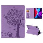 For iPad Pro 11 (2020) Pressed Printing Cat and Tree Pattern Horizontal Flip Leather Tablet Case with Holder & Card Slots & Wallet(Purple)
