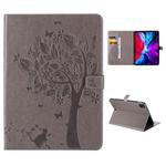 For iPad Pro 11 (2020) Pressed Printing Cat and Tree Pattern Horizontal Flip Leather Tablet Case with Holder & Card Slots & Wallet(Grey)