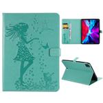 For iPad Pro 12.9 (2020) Pressed Printing Woman and Cat Pattern Horizontal Flip Leather Tablet Case with Holder & Card Slots & Wallet(Green)