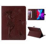 For iPad Pro 12.9 (2020) Pressed Printing Woman and Cat Pattern Horizontal Flip Leather Tablet Case with Holder & Card Slots & Wallet(Coffee)