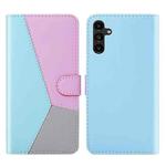 For Samsung Galaxy A14 5G Tricolor Stitching Flip Leather Phone Case(Blue)