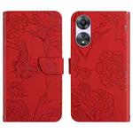 For OPPO Reno8 T 5G/A1 Pro 5G HT03 Skin Feel Butterfly Embossed Flip Leather Phone Case(Red)