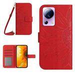 For Xiaomi 13 Lite HT04 Skin Feel Sun Flower Embossed Flip Leather Phone Case with Lanyard(Red)