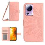 For Xiaomi 13 Lite HT04 Skin Feel Sun Flower Embossed Flip Leather Phone Case with Lanyard(Pink)