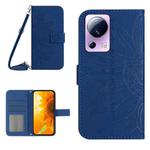 For Xiaomi 13 Lite HT04 Skin Feel Sun Flower Embossed Flip Leather Phone Case with Lanyard(Dark Blue)