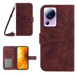 For Xiaomi 13 Lite HT04 Skin Feel Sun Flower Embossed Flip Leather Phone Case with Lanyard(Wine Red)
