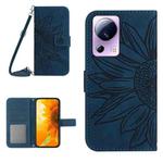 For Xiaomi 13 Lite HT04 Skin Feel Sun Flower Embossed Flip Leather Phone Case with Lanyard(Inky Blue)