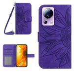 For Xiaomi 13 Lite HT04 Skin Feel Sun Flower Embossed Flip Leather Phone Case with Lanyard(Dark Purple)