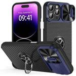 For iPhone 14 Pro Sliding Camshield Armor Phone Case with Ring Holder(Blue Black)
