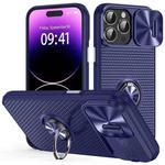 For iPhone 14 Pro Max Sliding Camshield Armor Phone Case with Ring Holder(Blue)