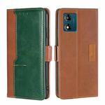 For Motorola Moto E13 4G Contrast Color Side Buckle Leather Phone Case(Light Brown + Green)