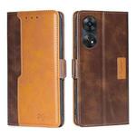 For OPPO Reno8 T 4G Contrast Color Side Buckle Leather Phone Case(Dark Brown + Gold)