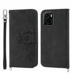 For vivo Y15s 2021 Skin-feel Flowers Embossed Wallet Leather Phone Case(Black)