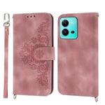 For vivo V25 5G Skin-feel Flowers Embossed Wallet Leather Phone Case(Pink)