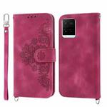 For vivo V21 2021 Skin-feel Flowers Embossed Wallet Leather Phone Case(Wine Red)