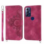 For Motorola Moto G Play 2023 Skin-feel Flowers Embossed Wallet Leather Phone Case(Wine Red)