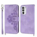 For Motorola Moto G52 Skin-feel Flowers Embossed Wallet Leather Phone Case(Purple)