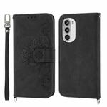 For Motorola Moto G52 Skin-feel Flowers Embossed Wallet Leather Phone Case(Black)
