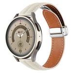 20mm Folding Buckle Grooved Genuine Leather Watch Band, Silver Buckle(Off White)