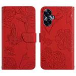 For Realme C55 HT03 Skin Feel Butterfly Embossed Flip Leather Phone Case(Red)