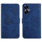 For Realme C55 HT03 Skin Feel Butterfly Embossed Flip Leather Phone Case(Blue)