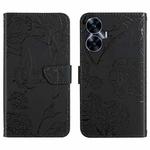 For Realme C55 HT03 Skin Feel Butterfly Embossed Flip Leather Phone Case(Black)