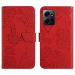 For Xiaomi Redmi Note 12 4G Global HT03 Skin Feel Butterfly Embossed Flip Leather Phone Case(Red)