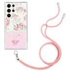 For Samsung Galaxy S23 Ultra 5G Bronzing Butterfly Flower TPU Phone Case with Lanyard(Peony)