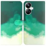 For Realme 10 Pro+ Watercolor Pattern Flip Leather Phone Case(Cyan Green)
