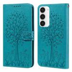 For Samsung Galaxy S23 5G Tree & Deer Pattern Pressed Printing Horizontal Flip Leather Phone Case(Blue)