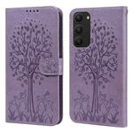 For Samsung Galaxy S23+ 5G Tree & Deer Pattern Pressed Printing Horizontal Flip Leather Phone Case(Purple)