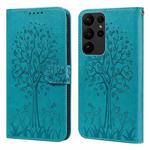 For Samsung Galaxy S23 Ultra 5G Tree & Deer Pattern Pressed Printing Horizontal Flip Leather Phone Case(Blue)