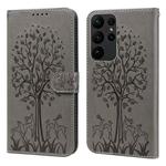 For Samsung Galaxy S23 Ultra 5G Tree & Deer Pattern Pressed Printing Horizontal Flip Leather Phone Case(Grey)