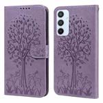 For Samsung Galaxy A54 5G Tree & Deer Pattern Pressed Printing Horizontal Flip Leather Phone Case(Purple)
