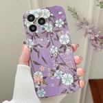 For iPhone 14 Water Sticker Flower Pattern PC Phone Case(Purple Backgroud White Flower)