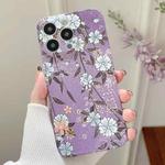 For iPhone 14 Plus Water Sticker Flower Pattern PC Phone Case(Purple Backgroud White Flower)