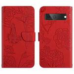 For Google Pixel 7A Skin Feel Butterfly Peony Embossed Leather Phone Case(Red)