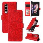 For Samsung Galaxy Z Fold3 5G Embossed Sunflower Leather Phone Case(Red)