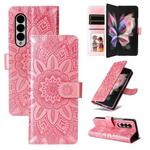 For Samsung Galaxy Z Fold3 5G Embossed Sunflower Leather Phone Case(Rose Gold)