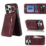 For iPhone 13 Retro Ring and Zipper RFID Card Slot Phone Case(Wine Red)