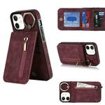 For iPhone 12 Retro Ring and Zipper RFID Card Slot Phone Case(Wine Red)