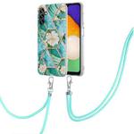 For Samsung Galaxy A34 5G Electroplating Splicing Marble Flower IMD TPU Phone Case with Lanyard(Blue Flower)