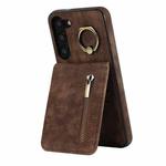 For Samsung Galaxy S23 5G Retro Ring and Zipper RFID Card Slot Phone Case(Brown)