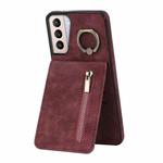 For Samsung Galaxy S21 5G Retro Ring and Zipper RFID Card Slot Phone Case(Wine Red)