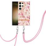 For Samsung Galaxy S24 Ultra 5G Flowers and Plants Series IMD TPU Phone Case with Lanyard(Pink Gardenia)