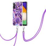 For Samsung Galaxy A34 5G Electroplating IMD Splicing Dual-side Marble TPU Phone Case with Lanyard(Dark Purple)