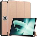 For OnePlus Pad Custer Pure Color 3-Fold Holder Smart Leather Tablet Case(Rose Gold)