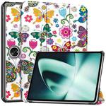 For OnePlus Pad Custer Painted 3-Fold Holder Smart Leather Tablet Case(Colorful Butterflies)