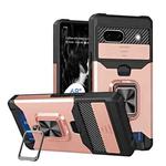 For Google Pixel 7a Camera Shield Card Slot Phone Case with Ring Holder(Rose Gold)